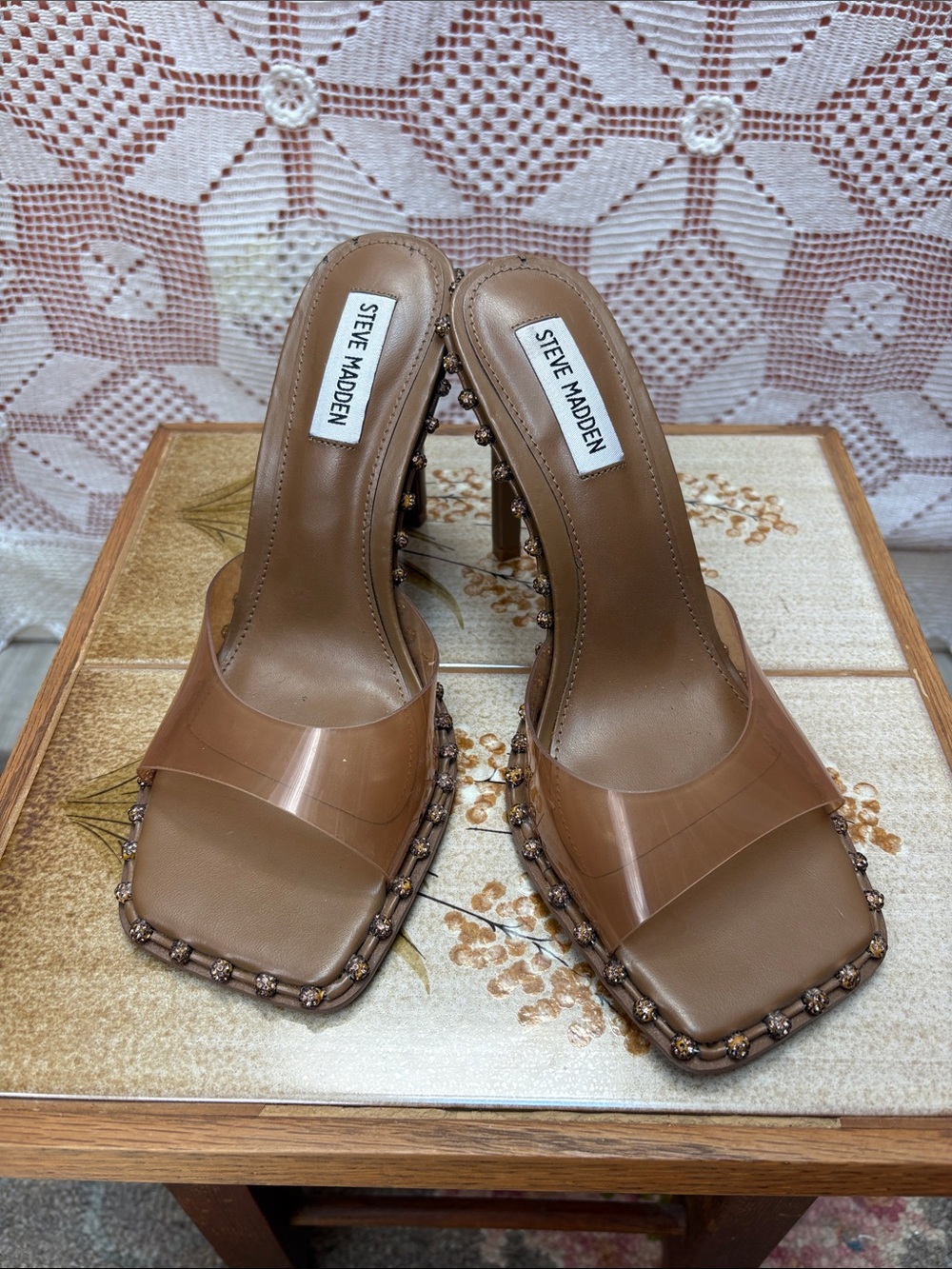 Steve Madden Zabrina Clear Strap Rhinestone Mule Heels Sz 8.5